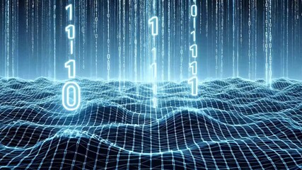 Luminous binary code streams over a wireframe landscape in a digital world