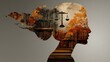 © Pinkwhite - Silhouette of a woman's head filled with scales, books, and autumn trees. Represents law, knowledge, balance, wisdom, justice, and the academic mind.