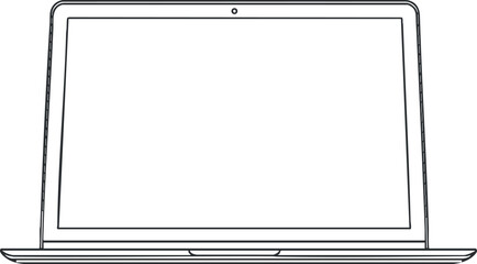 A minimalist outline illustration of a laptop computer with a blank screen. Black on transparent background.