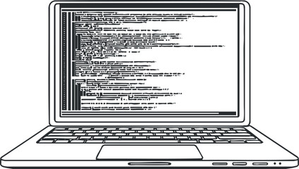 A laptop displaying lines of code representing programming and software development in a modern workspace. Black on transparent background.