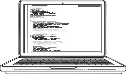 A graphic illustration of a laptop displaying lines of code on its screen. Black on transparent background.