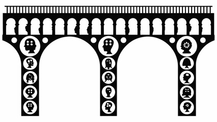 Black and white illustration of two heads with gears connected by a bridge over water scene view silhouette