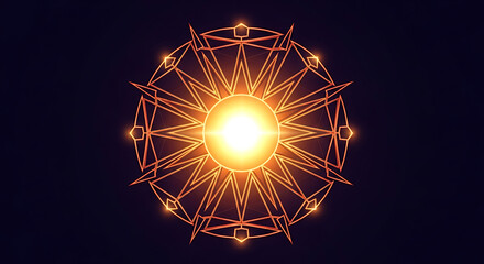Radiant mystical sun symbol glowing with warm light on dark background
