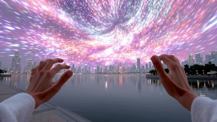 Wall Mural - Hand is reaching out to the sky, with a city in the background. The image has a dreamy, surreal quality to it, as if the hand is trying to grasp something beyond its reach