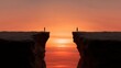 © backup_studio - Lone woman and man stand on opposing cliff edges separated by a chasm, facing each other at sunset. Communication challenge or relationship disconnect concept.