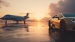 © backup_studio - Golden supercar and private jet on airport runway at sunset. Luxury travel and high-end transport concept for exclusive lifestyle.