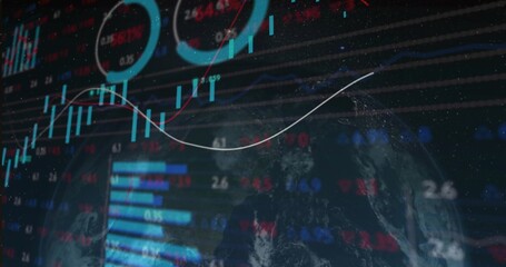 Wall Mural - Displaying Earth globe overlaying trading dashboard with candlestick bars line chart and gauges