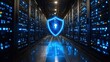 © MULUNG DOLLAR - Data center security; glowing shield symbolizes protection amidst server racks