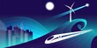 © arthub Tokyo - Modern high speed train travels fast in futuristic city powered by wind energy at night under the moon