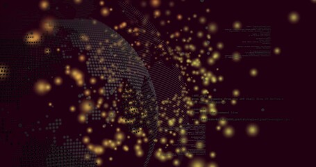 Wall Mural - Spinning dotted globe flowing data lines, code fragments and golden orbs in cyber space, copy space