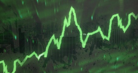 Wall Mural - Displaying neon green line graph over city skyscrapers at night, with translucent grid + 71