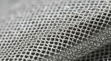 Intricate silver metallic mesh fabric with reflective light creating a modern, textured background.