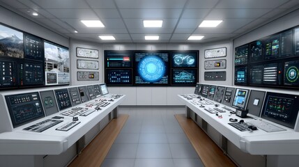 Modern control room monitoring showing futuristic interface and global surveillance