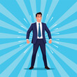© Chloe - Confident businessman standing tall with arms flexed radiating success and achievement underneath a bright blue radial background