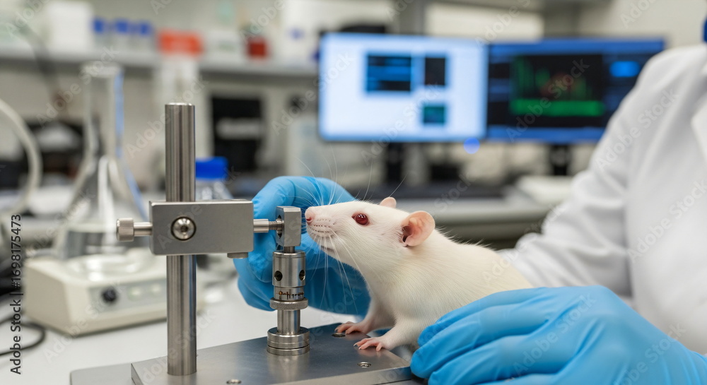 Scientist man watching white rat experiment in laboratory. Scientific ...