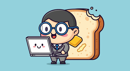 A cute cartoon professional works on a laptop with a friendly screen, enjoying buttered toast, symbolizing modern digital productivity and comfort