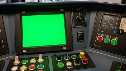 Close-up view of a train's control panel with a blank green screen monitor.