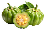 Garcinia Cambogia Fruits with Leaves Whole and Cut Displaying Yellow Seeds on transparent background vibrant image fruits both whole cut reveal their