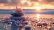 © tito - Serene ocean sunset, stacked stones, pink flowers, calm beach, spa
