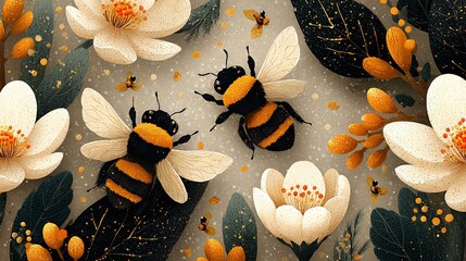 Wall Mural - group of bees on white flower with two nearby white flowers on gray surface
