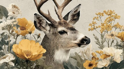 Canvas Print -   A deer painting, featuring antlers against a backdrop of wildflowers and daisies in the foreground