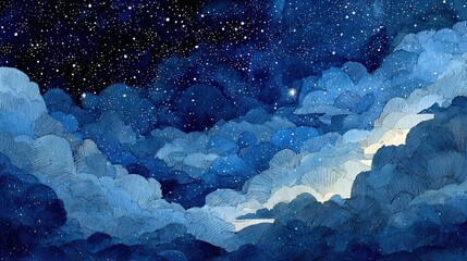 Wall Mural - a stunning nighttime scene featuring a close-up of stars and cloud formations against a backdrop of 