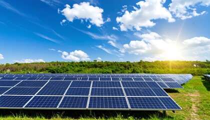 Solar panels in a field under a vibrant blue sky