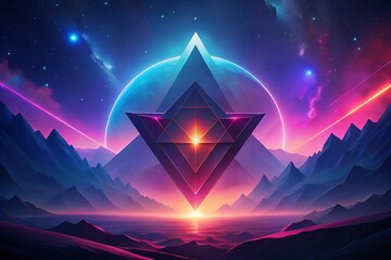 Mystical neon pyramid ascends over a cosmic mountain landscape