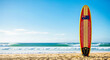 © Aurora Aesthetics - An Australian flag on a surfboard stuck in the sand of a beautiful sunny beach like Bondi