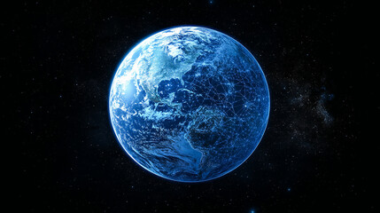 Abstract digital planet Earth with a global network and connectivity concept made of glowing dots, lines, or connections on a black background, blue frosted glass acrylic material