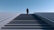 © pkproject - A solitary figure silhouetted against a clear sky, climbing a long staircase that represents the journey of progress and personal growth.