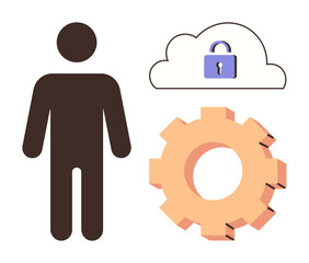 Person silhouette, cloud with a padlock, and cogwheel representing data security, technology, teamwork, innovation, system optimization, access control and digital trust. Modern simple flat metaphor