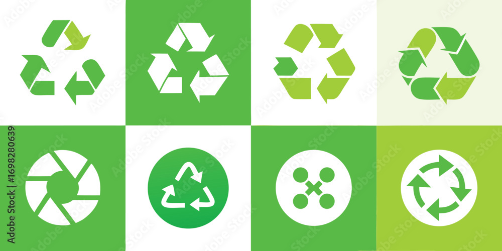 Vector illustration set of recycling symbols and waste bin icons ...