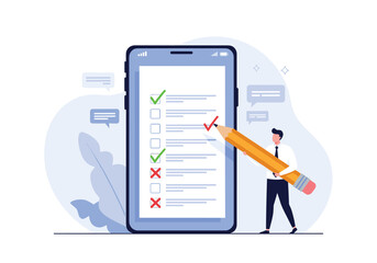 Illustration of a person marking tasks on a digital checklist using a large pencil on a smartphone screen representing modern productivity tools and task management concepts