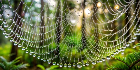 A glistening spiderweb, adorned with morning dew, hangs delicately in a sun-dappled forest, showcasing nature's intricate artistry.