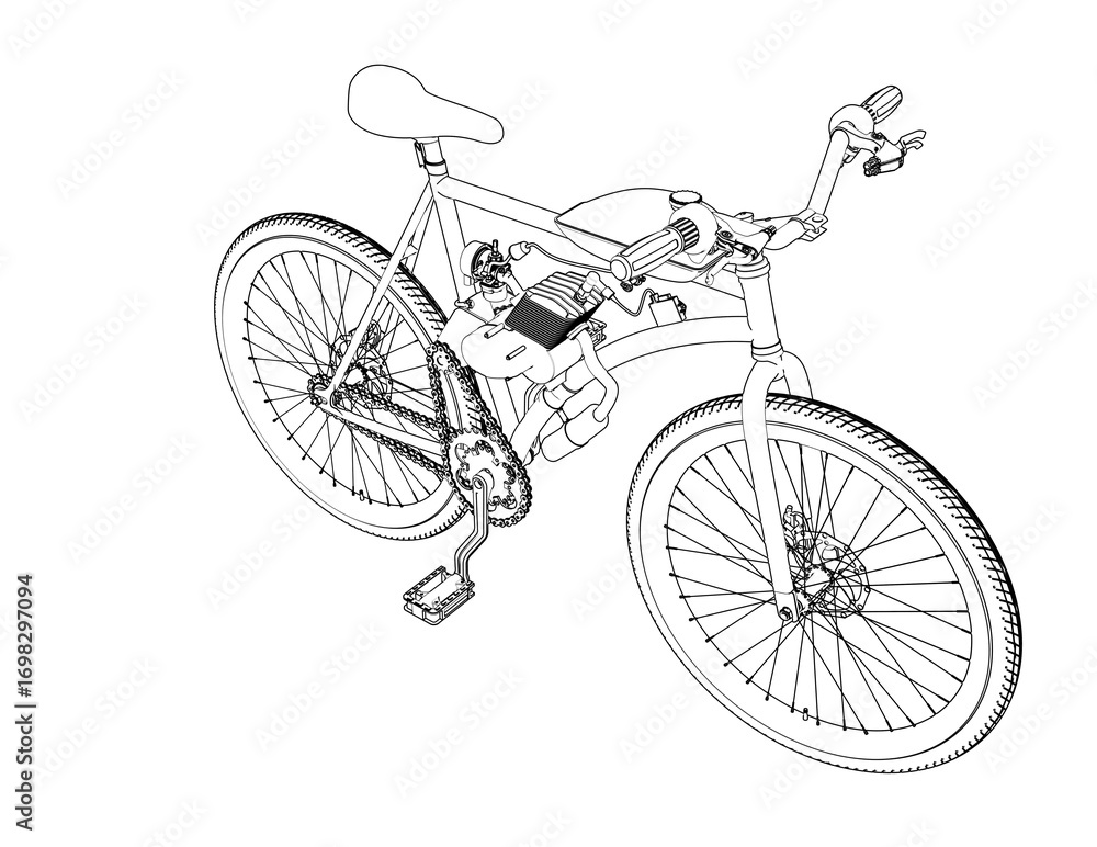 Motorized Bicycle Technical Drawing: Detailed Outline Internal ...