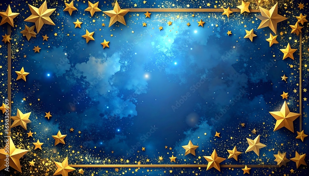Gold stars frame a blue space background with clouds and sparkles ...