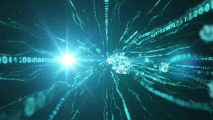 A futuristic stream of binary code and digital data flowing through cyberspace representing big data technology and artificial intelligence concepts
