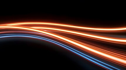 Wall Mural - the image showcases abstract, wavy lines of brilliant orange and blue light set against a stark blac
