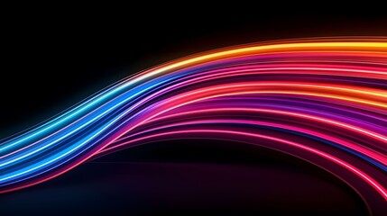 Wall Mural - this image shows an abstract design with bright, colorful, neon-like lines curving across a dark bac