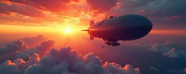 Wall Mural - A colossal airship gracefully glides through a vibrant sunset sky, its shadow stretching long below  Immense scale, majestic flight, aerial view, adventure, exploration , flight, large