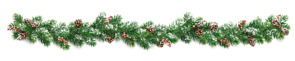 Wall Mural - Horizontal Christmas garland with snowy fir branches, pine cones, and holly berries. Festive design for winter banners, cards, invitations, and seasonal posters. Transparent background in vector file.