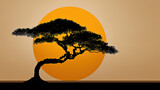 Minimalist Tree Silhouette with Rising Sun and Fading Moon on Textured Background – Tranquil Nature Landscape, Serene Dawn and Night Transition Art