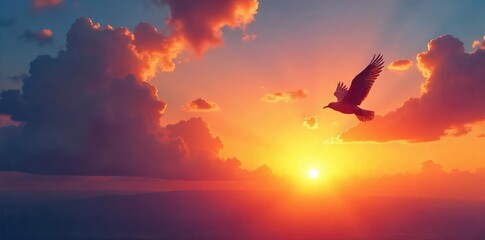 Wall Mural - A lone bird takes flight against a vibrant sunset, symbolizing liberation and the boundless possibilities of the open sky Perfect for themes of freedom, adventure, and hope , sunset, flight