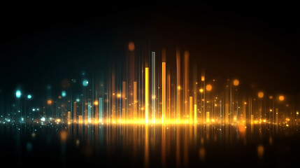 Abstract glowing cityscape illustration with reflections and bokeh effects