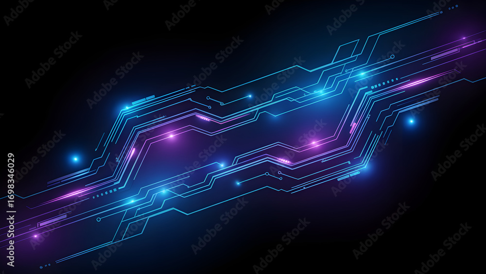 Abstract glowing blue and purple circuit board lines with light effects ...