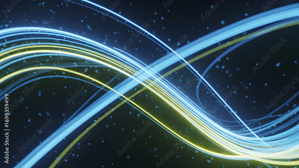 Abstract blue and yellow neon light trails on dark background with ...