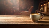 A warm cup of latte on a wooden table in a dimly lit cafe