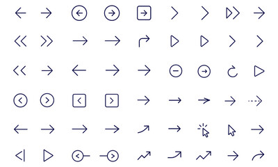 Navigation icon set, previous and next arrows, UI buttons for web design, page direction, forward and back slide controls, seamless interface elements, digital cursor pointer, modern vector