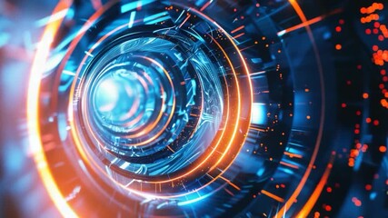 A circular object with blue and orange colors on a black background